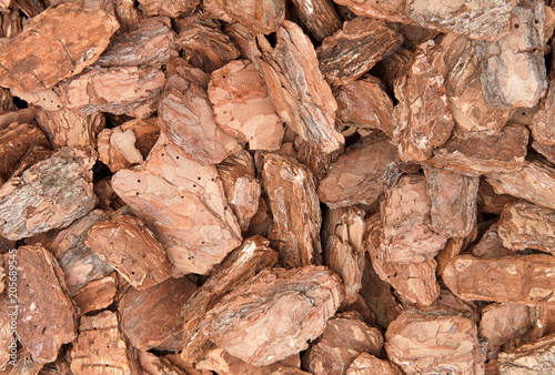 background of pieces of pine bark, used for design and drainage in parks and gardens