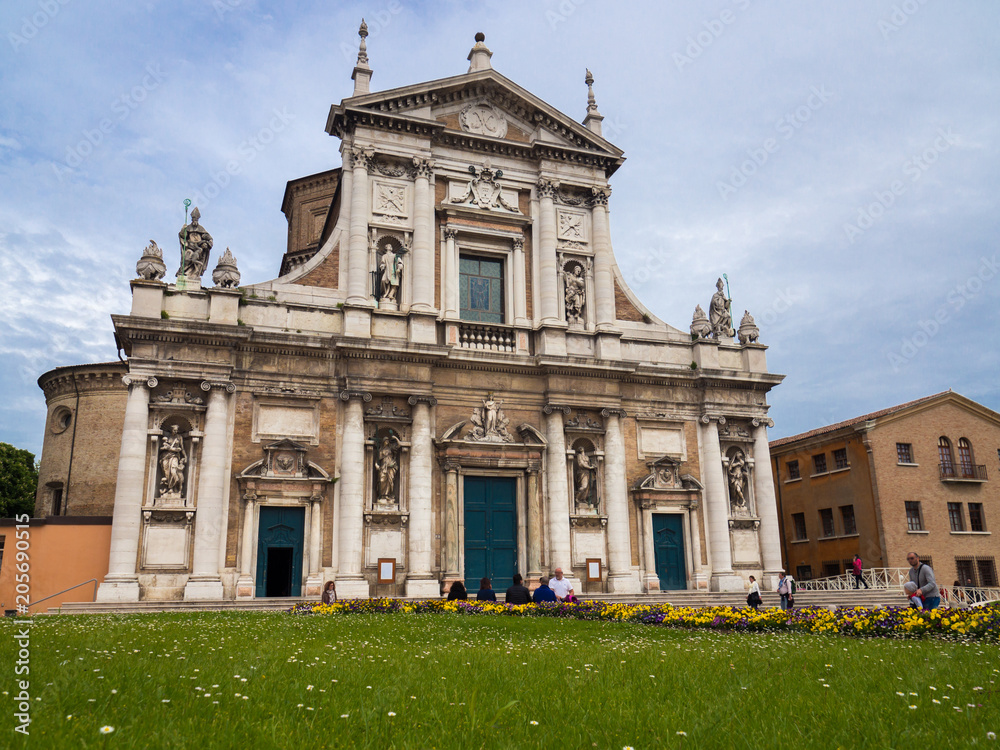 Facade of the Basilica of Santa Maria in Porto in Ravenna, Italy.