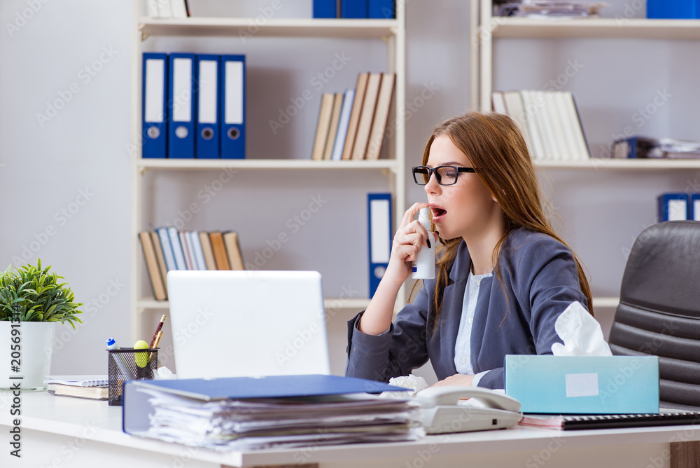 Businesswoman employee sick in the office Businesswoman employee sick in the office