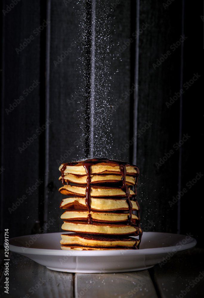 custom made wallpaper toronto digitalFresh and delicious sweet pancakes with falling sugar on top, and chocolate syrup sauce