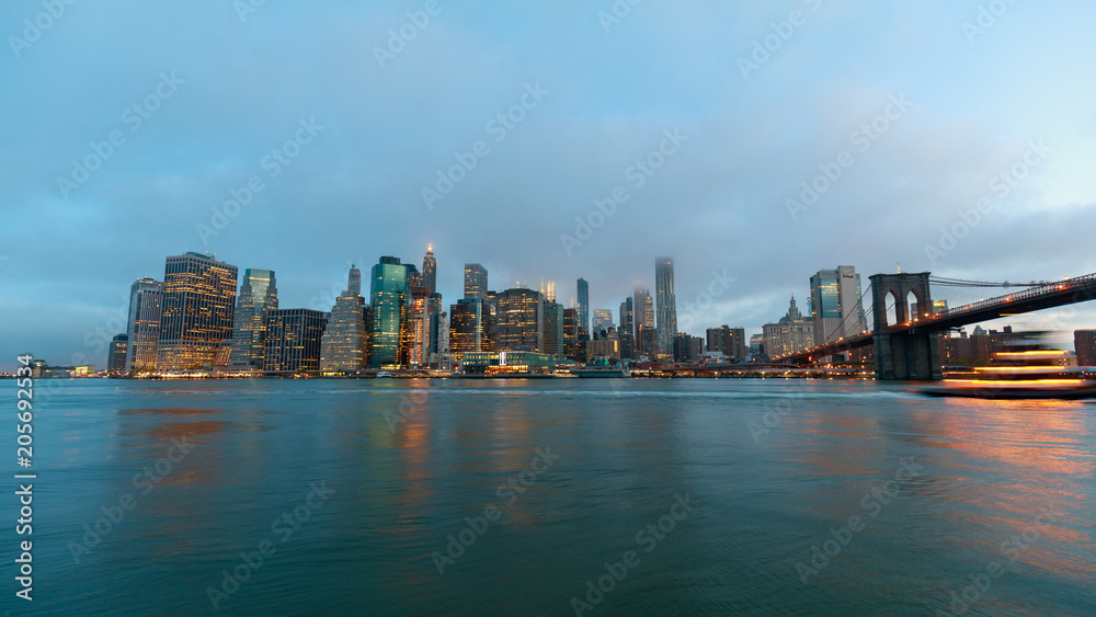 Downtown Manhattan skyline at night in New York City