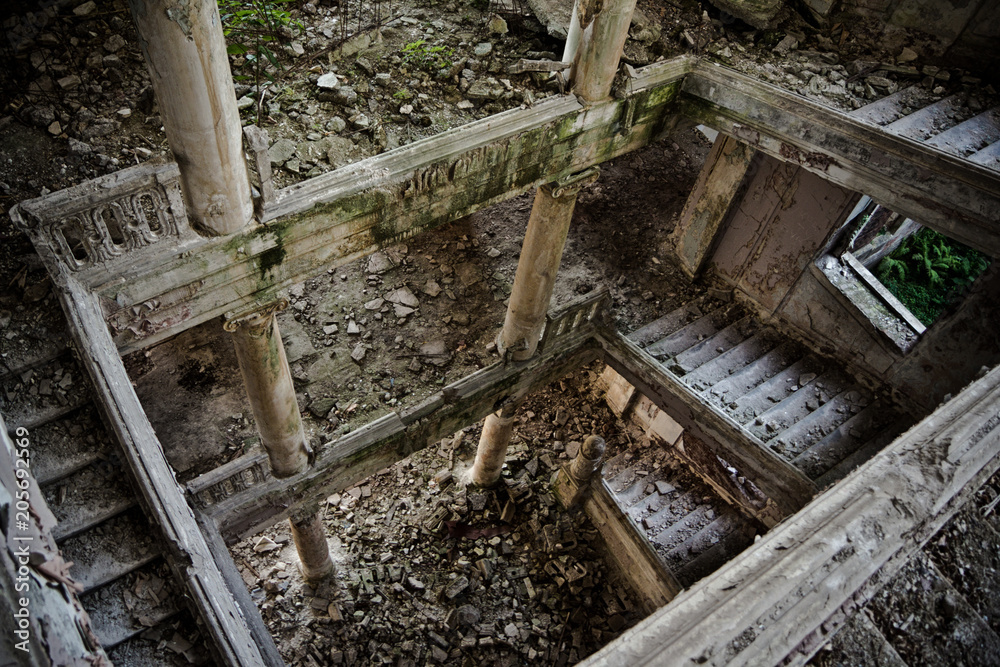 Ruined staircase with columns at abandoned mansion, Abkhazia, Georgia Ruined staircase with columns at abandoned mansion, Abkhazia, Georgia