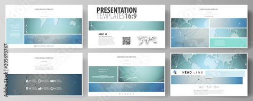The minimalistic abstract vector illustration of the editable layout of high definition presentation slides design business templates. Chemistry pattern, connecting lines and dots. Medical concept.