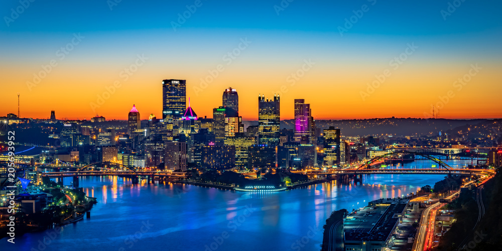 Panorama of the City of Pittsburgh from the West End Overlook Park in the early morning hours