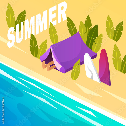 holiday. camping. tent. sea. summer. isometric vector illustration