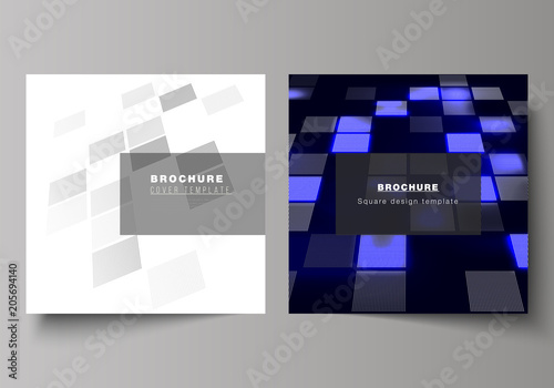Vector illustration of editable layout of two covers templates for square design brochure, magazine, flyer, booklet. Abstract hi-tech background in perspective. Futuristic digital technology backdrop.