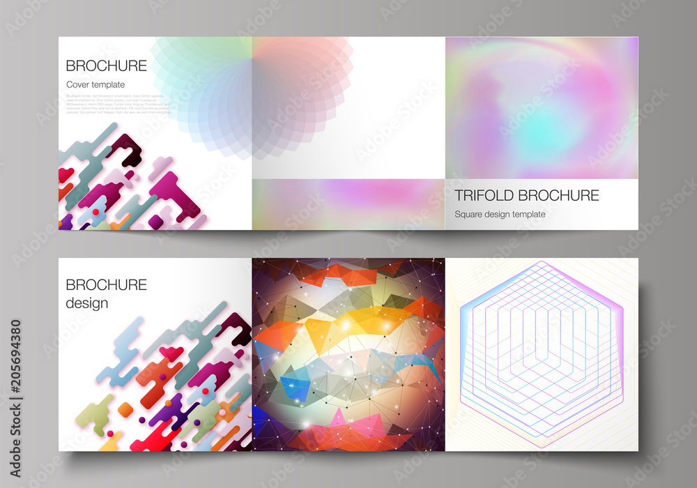 The minimal vector illustration of editable layout. Modern covers design templates for trifold square brochure or flyer. Abstract colorful geometric backgrounds in minimalistic design to choose from