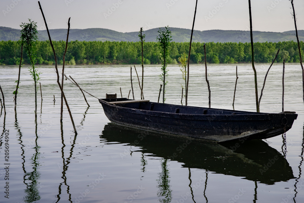 fishing boats on Danube river near Novi Sad, Serbia