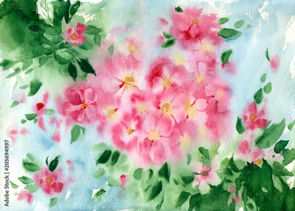 Watercolor painting. Spring pink flowers on blue background.