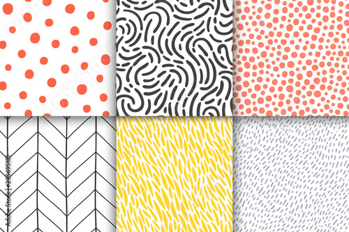 Abstract hand drawn geometric simple minimalistic seamless patterns set. Polka dot, stripes, waves, random symbols textures. Bright colorful vector illustration. Template for your design