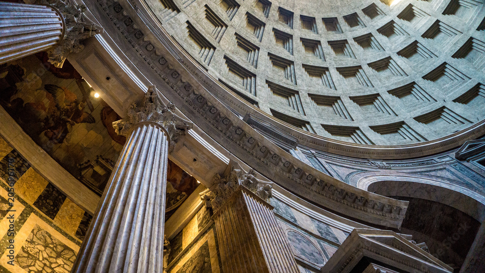 The dome inside the Pantheon with light coming through the oculus, Rome, Italy