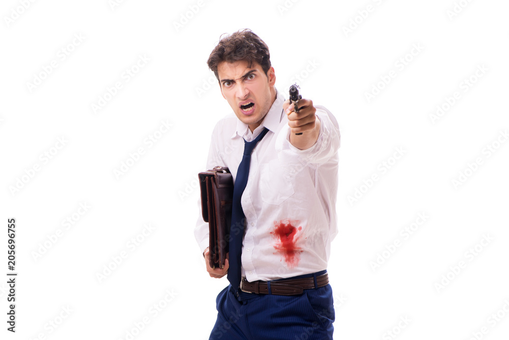 Businessman wounded in gun fight isolated on white Businessman wounded in gun fight isolated on white