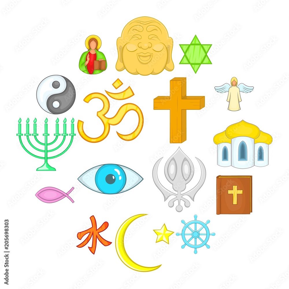 Religion icons set in cartoon style. Culture set isolated vector illustration