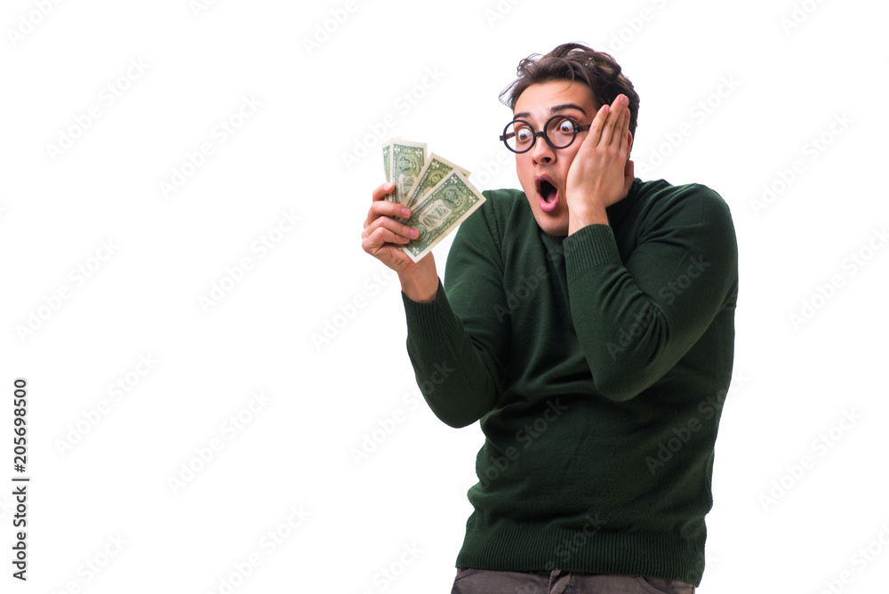 Young man with money isolated on white Young man with money isolated on white