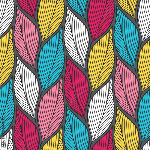 Stylized colorful leaves seamless pattern. Nature universal textures. Hand drawn decorative floral ornamental background. Vector illustration