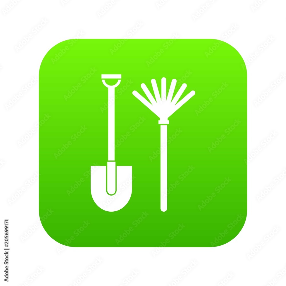 Rake and shovel icon digital green for any design isolated on white vector illustration Rake and shovel icon digital green for any design isolated on white vector illustration