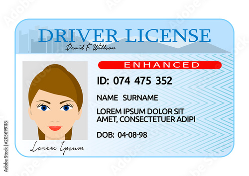Woman driver license card. Cartoon of woman driver license vector card for web design isolated on white background
