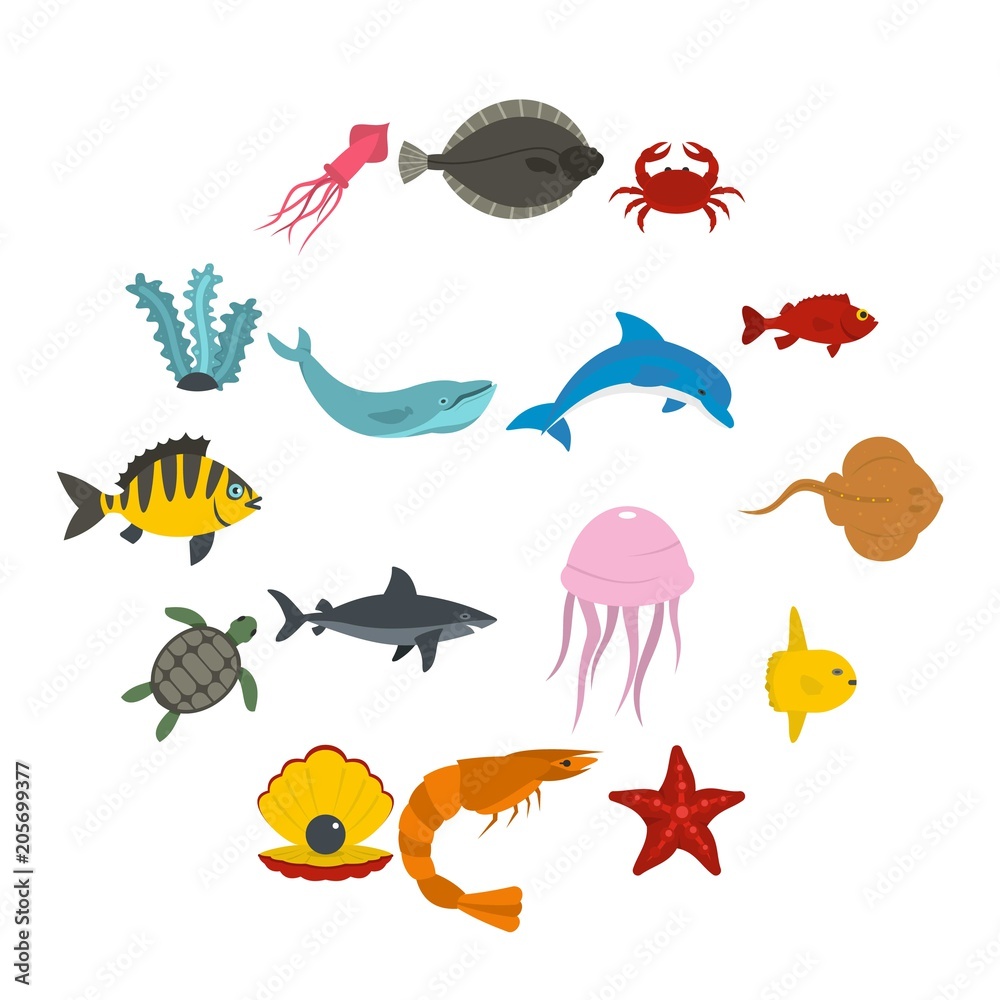 Fototapeta premium Sea animals icons set in flat style isolated vector illustration