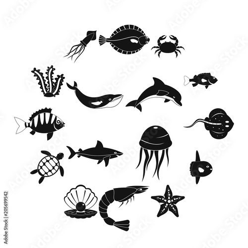 Sea animals icons set. Simple illustration of 16 sea animals vector icons for web photo