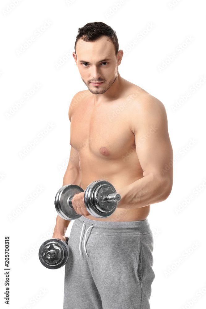 Muscular young bodybuilder with dumb-bells on white background Muscular young bodybuilder with dumb-bells on white background