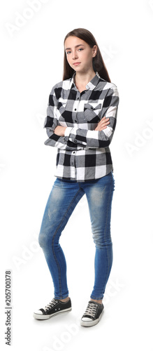 Pretty teenage girl on whit...