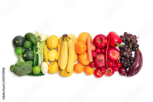 Fototapeta Naklejka Na Ścianę i Meble -  Rainbow composition with fresh vegetables and fruits on white background, flat lay