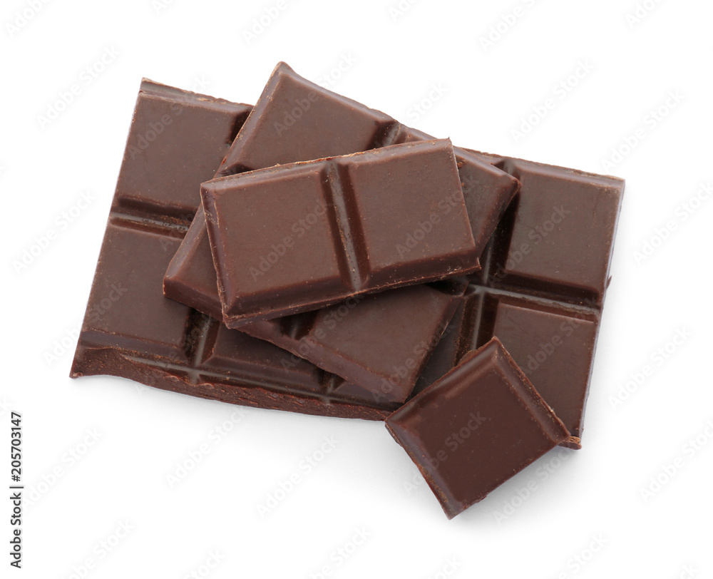 Delicious black chocolate on white background, top view Delicious black chocolate on white background, top view