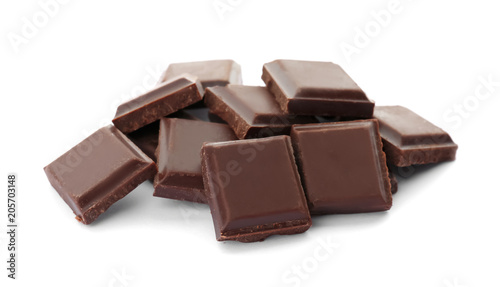 Delicious black chocolate on white background
