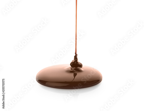 Pouring delicious melted chocolate on white background