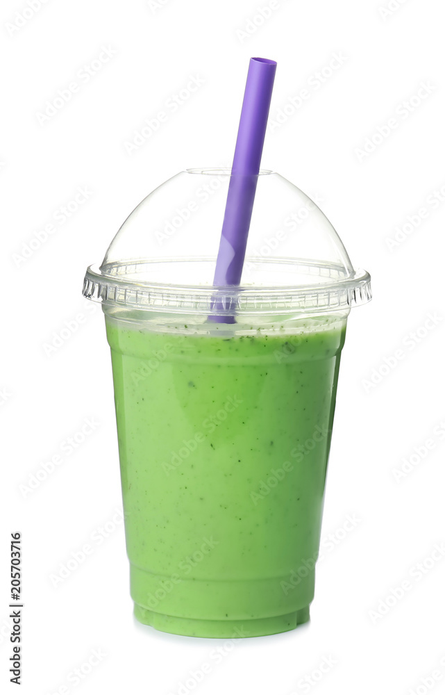 Plastic cup with delicious detox smoothie on white background Plastic cup with delicious detox smoothie on white background