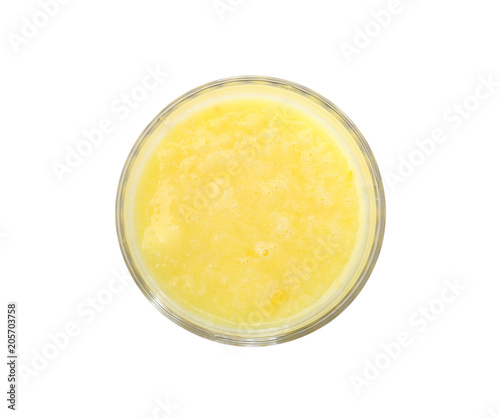 Glass with delicious detox smoothie on white background, top view