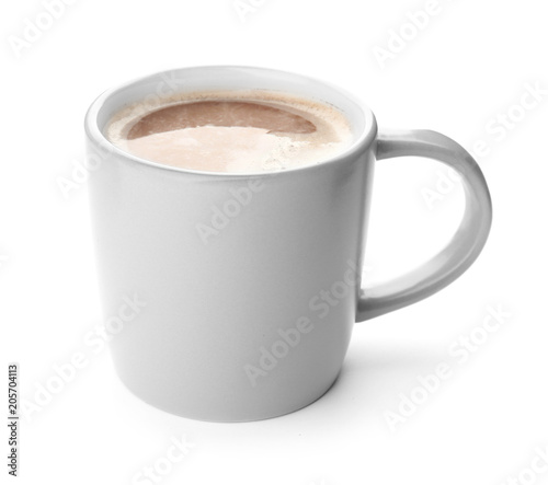 Mug with delicious hot cocoa drink on white background