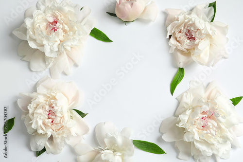 Flat lay composition with beautiful blooming peonies on white background