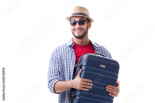 Young man ready for summer travel isolated on white