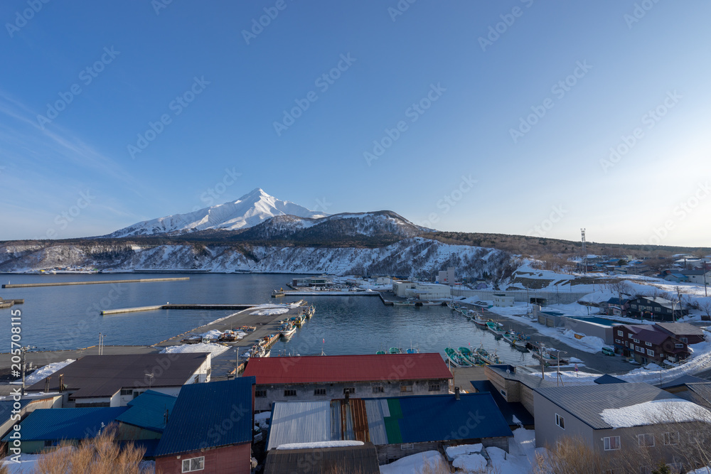 Fototapeta premium 鴛泊港と利尻富士の風景