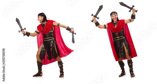 Gladiator posing with sword isolated on white
