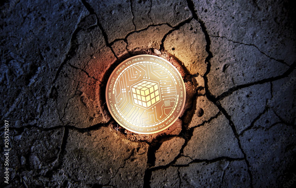 shiny golden STUFFGOGO cryptocurrency coin on dry earth dessert background mining 3d rendering illustration