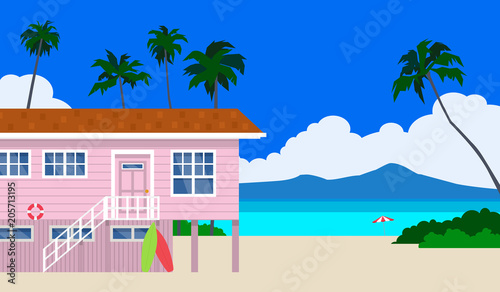 beautiful summer landscape with beach house palms sand ocean