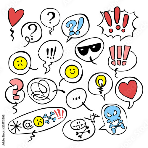 Set. Emotions. Smilies. Question mark. Exclamation point. Dialog cloud. Isolated vector objects on white background.