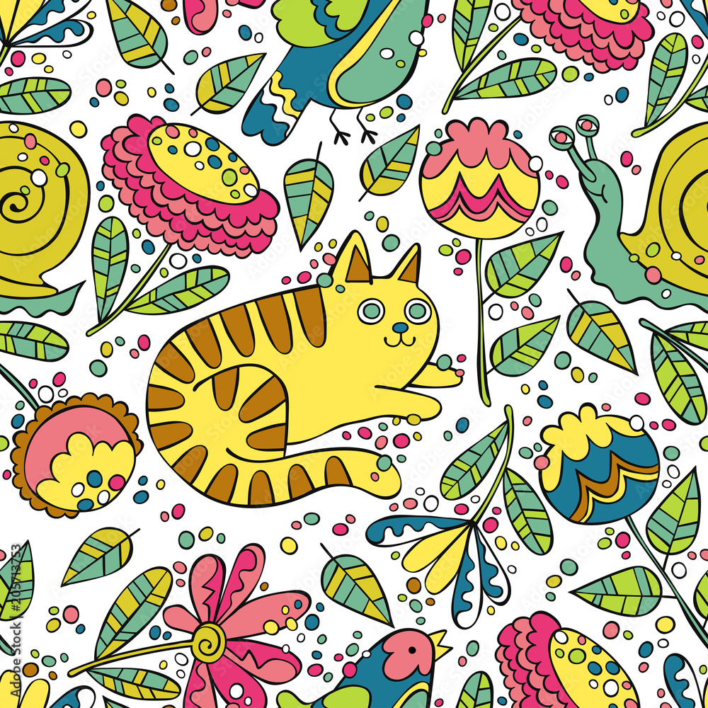 Cat, bird, snail. Flowers and leaves. Seamless vector pattern (background).