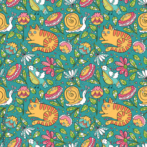 Cat, bird, snail. Flowers and leaves. Seamless vector pattern (background).