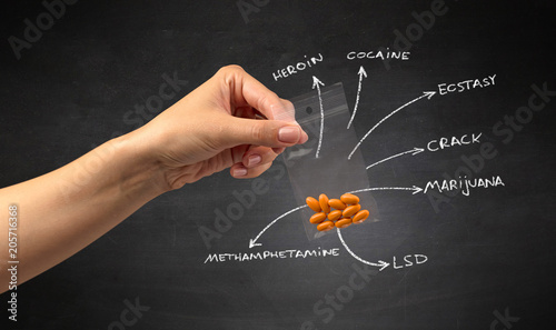 Hand with pills in plastic bag and blackboard wallpaper