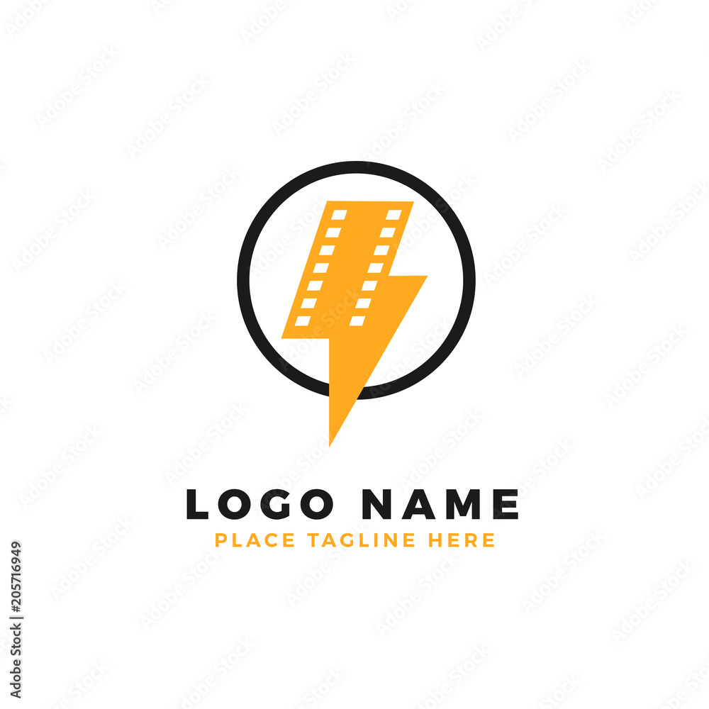 lightning film strip with circle ring logo brand. thunderbolt movie illustration. lightning film strip with circle ring logo brand. thunderbolt movie illustration.