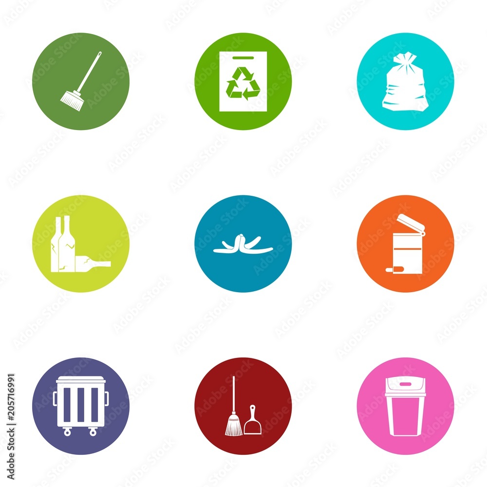 Waste icons set. Flat set of 9 waste vector icons for web isolated on white background Waste icons set. Flat set of 9 waste vector icons for web isolated on white background