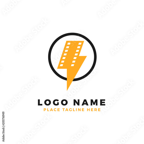 lightning film strip with circle ring logo brand. thunderbolt movie illustration.