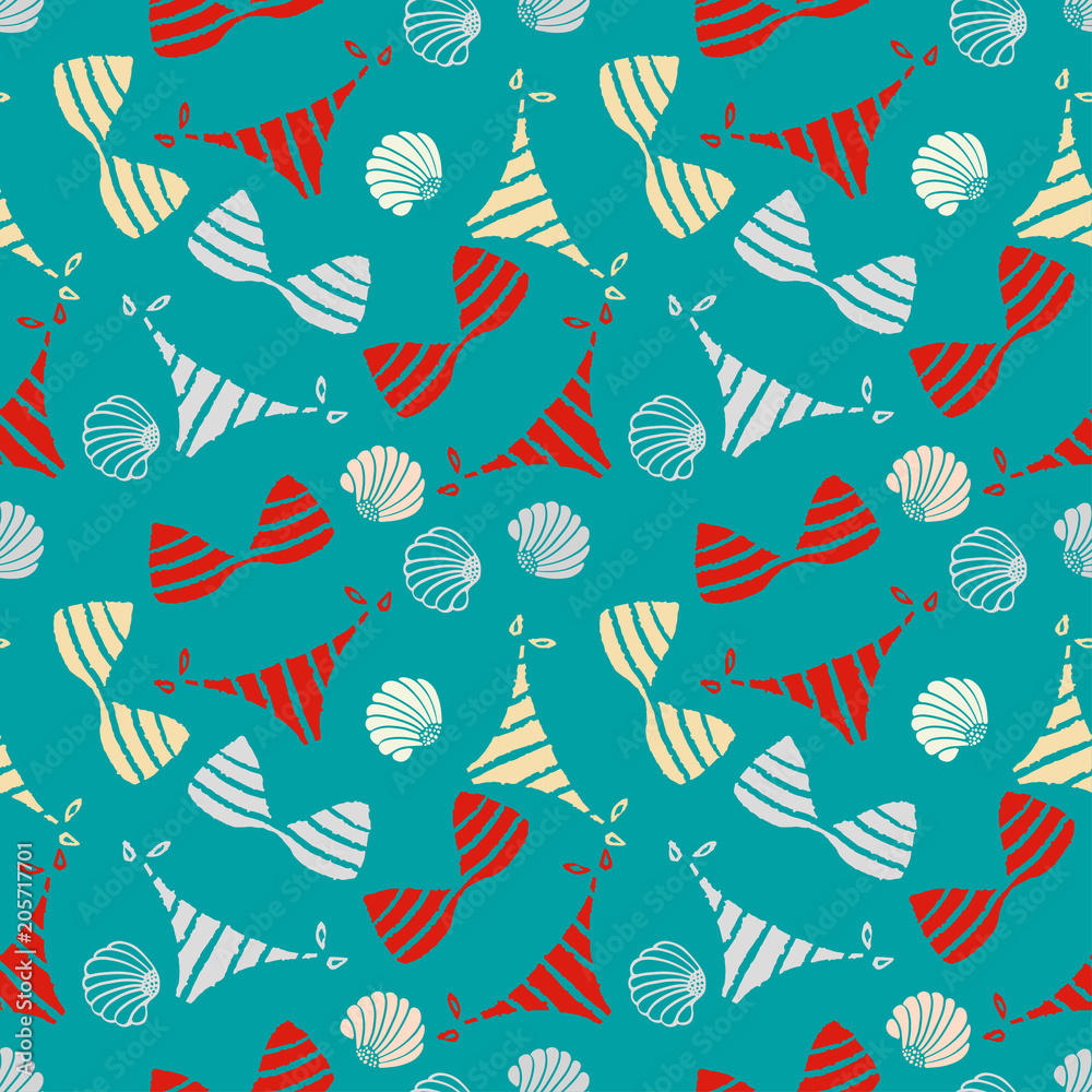 Fototapeta premium Seamless pattern with bikini, swimsuits, sea shells
