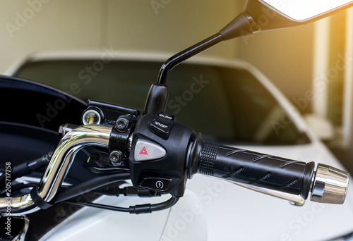 Motorcycle handlebar start stop system,emergency light and idling stop on-off  button,Selective focus close up