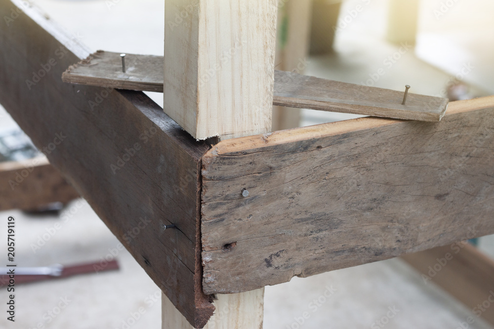 Carpenter job, Connection of wooden for connect in Woodwork by nut on first step. Carpenter job, Connection of wooden for connect in Woodwork by nut on first step.