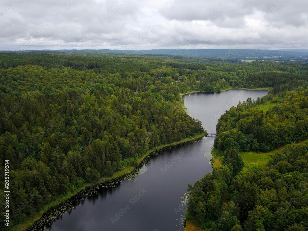 Aerial lake view and bridge in the middle of a forest in Sweden during Summer