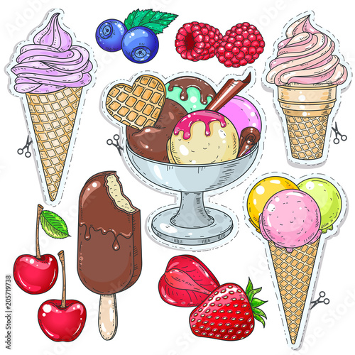 icons colored dessert, ice cream, ice cream in a waffle cup and different berries